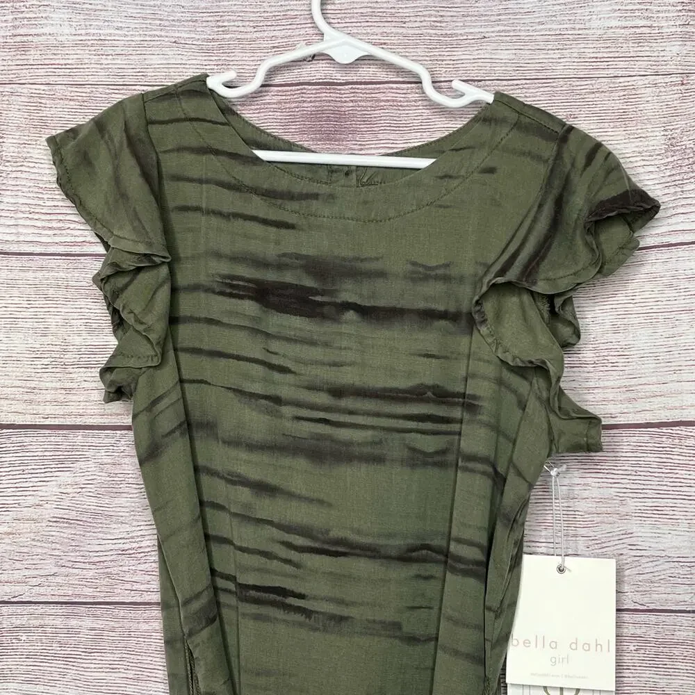 Bella Dahl Girls Flutter Sleeve Ruffle Fernwood Stripe Dress Size 10 New